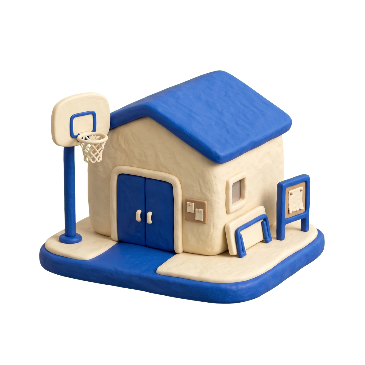 Community center illustration in blue and ivory clay