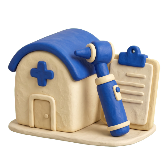 Community health center illustration in blue and ivory clay