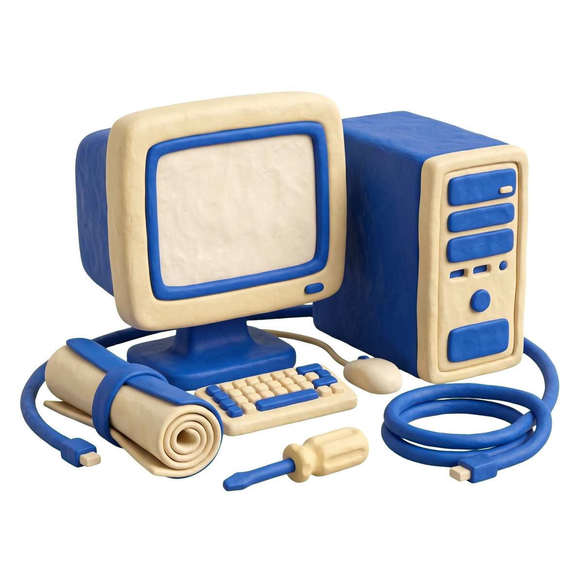 Computer consultant illustration in blue and ivory clay