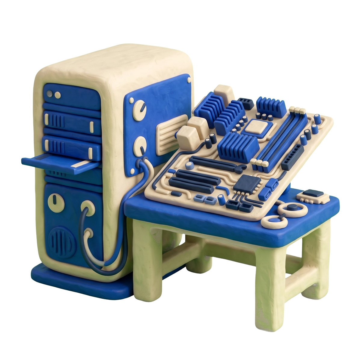 Computer hardware manufacturer illustration in blue and ivory clay