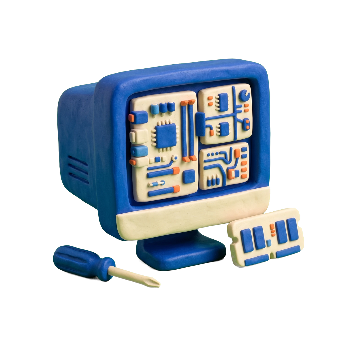 Computer repair service illustration in blue and ivory clay