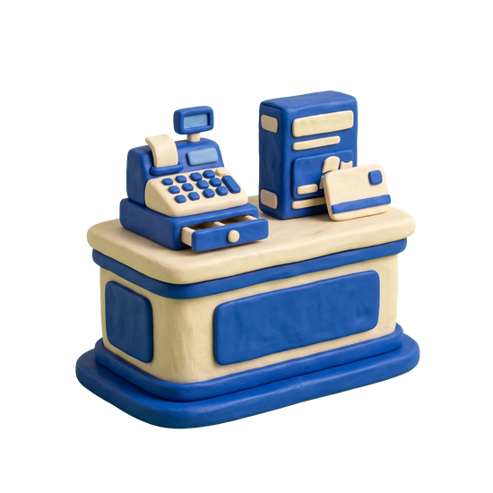 Computer software store illustration in blue and ivory clay