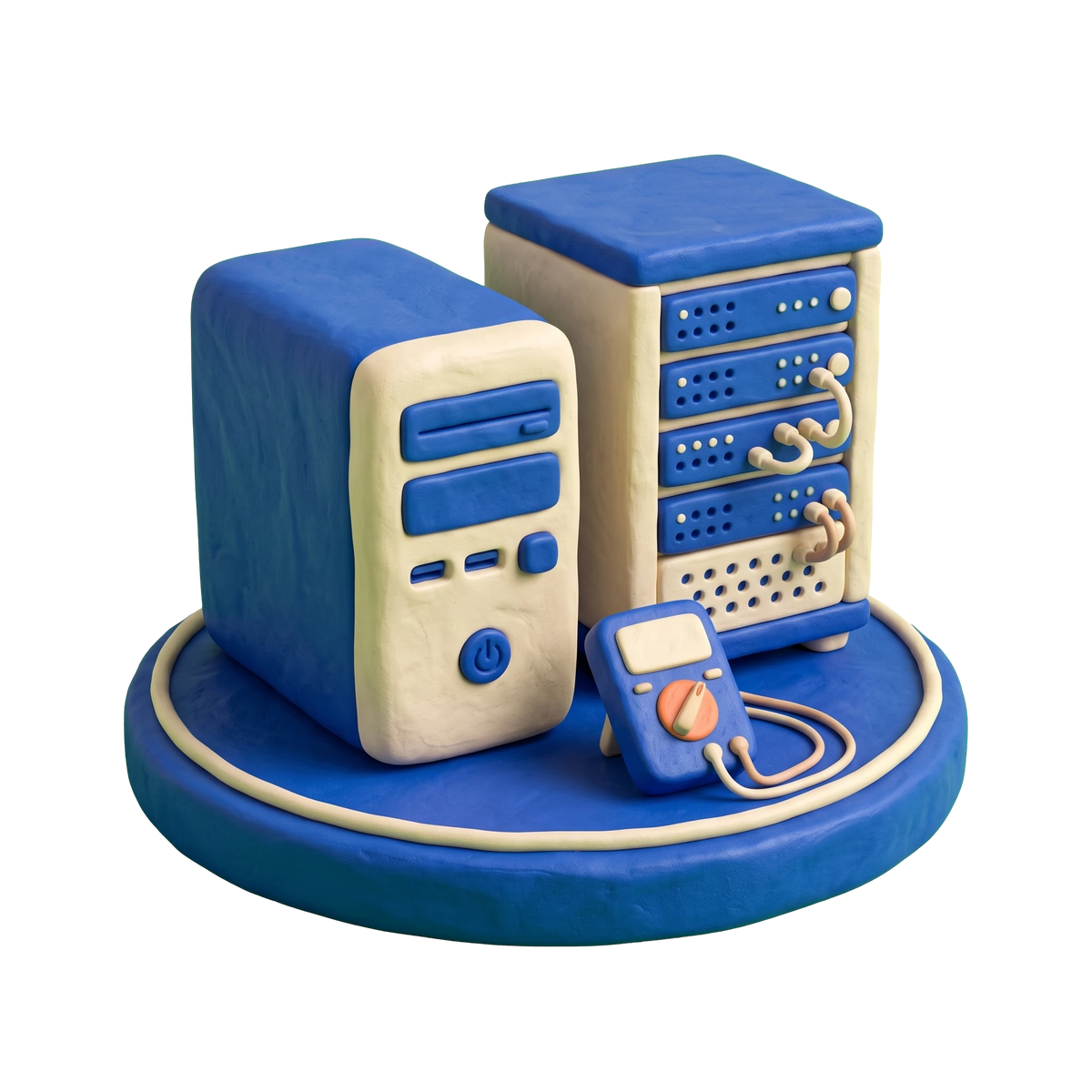 Computer support and services illustration in blue and ivory clay