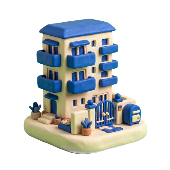 Condominium complex illustration in blue and ivory clay