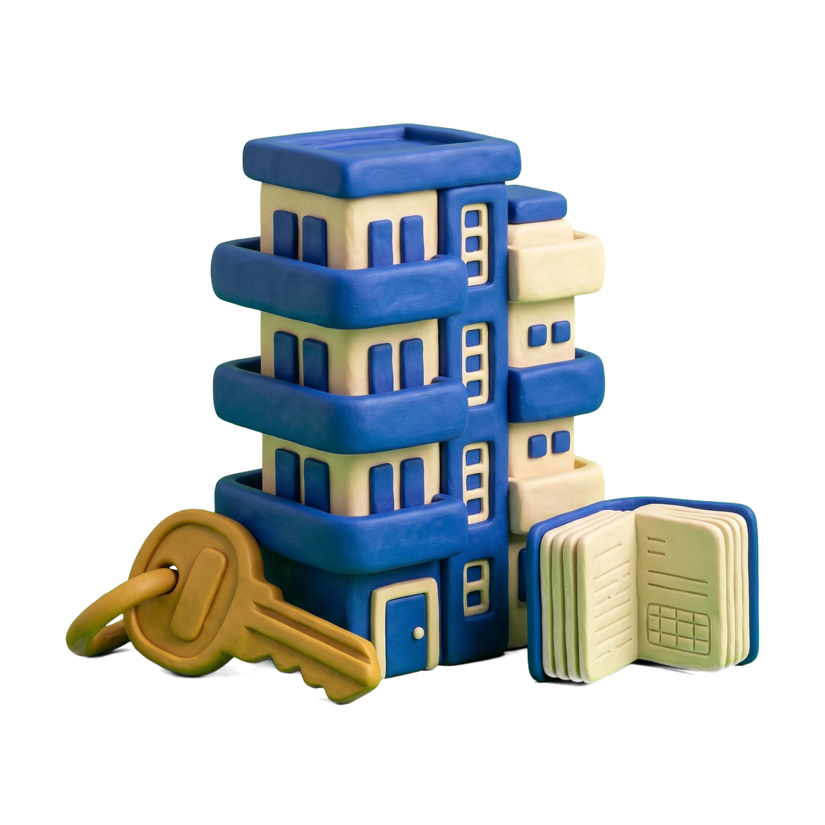 Condominium rental agency illustration in blue and ivory clay
