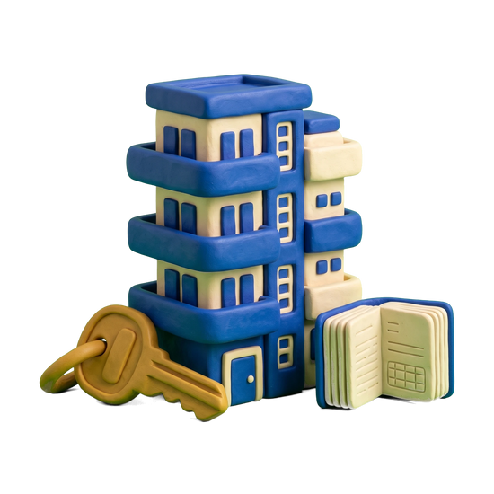 Condominium rental agency illustration in blue and ivory clay