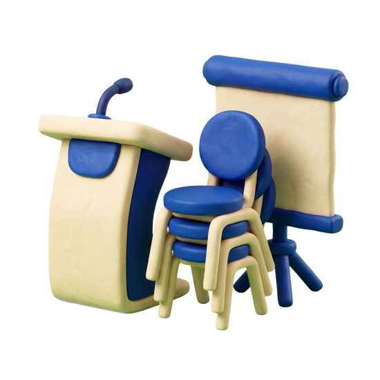 Conference center illustration in blue and ivory clay