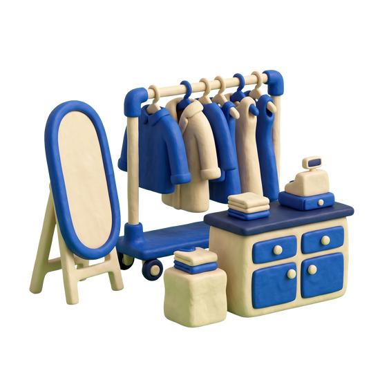 Consignment shop illustration in blue and ivory clay