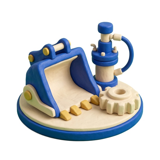 Construction equipment supplier illustration in blue and ivory clay