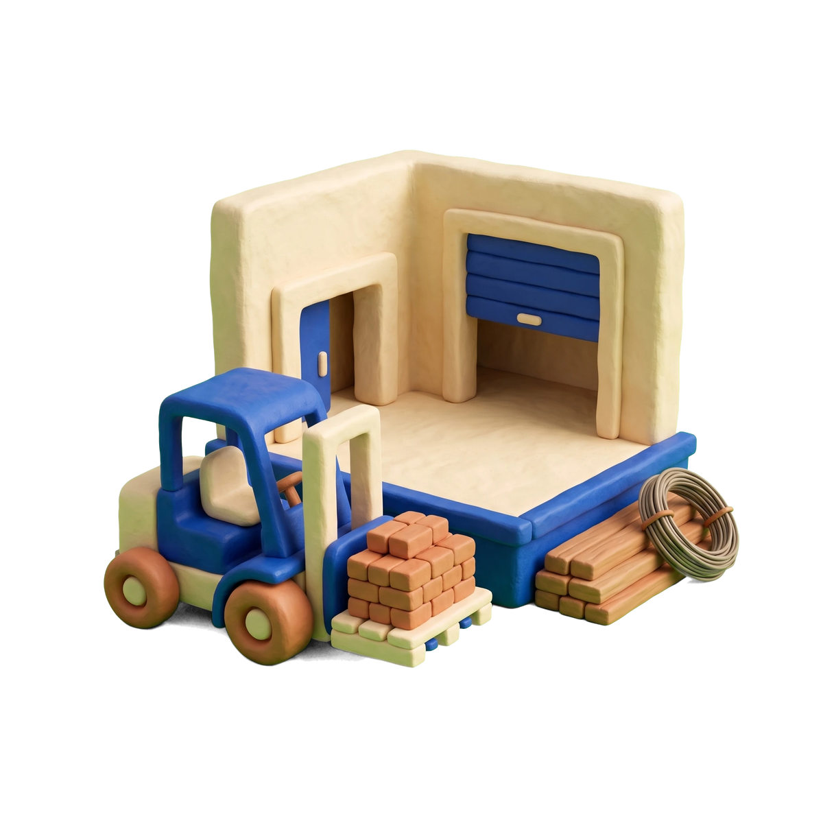 Construction material wholesaler illustration in blue and ivory clay
