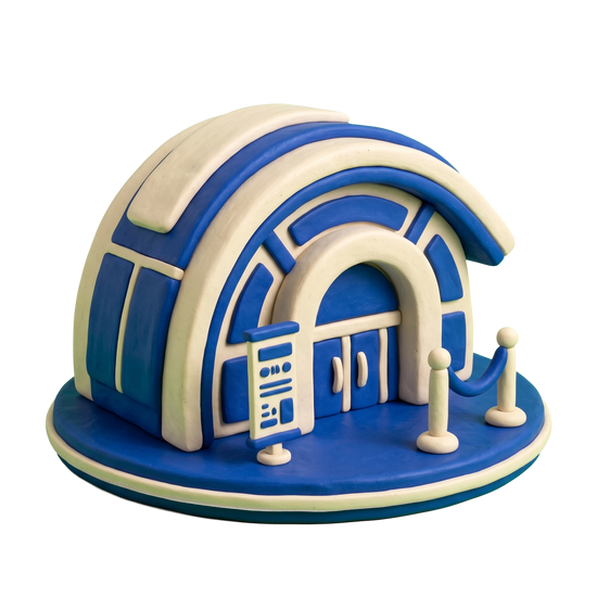 Convention center illustration in blue and ivory clay