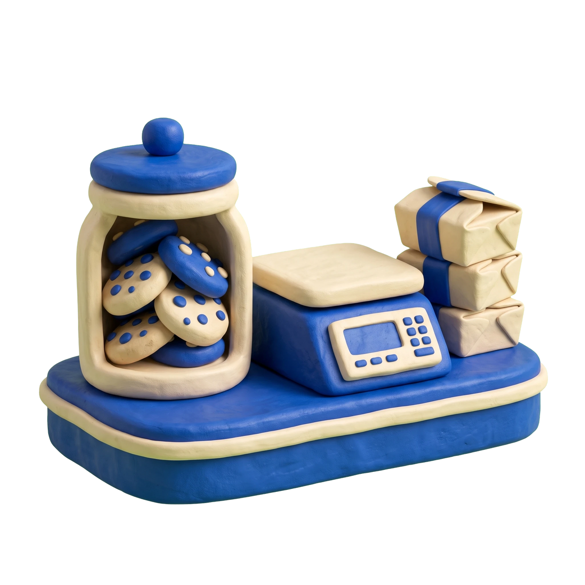 Cookie shop illustration in blue and ivory clay