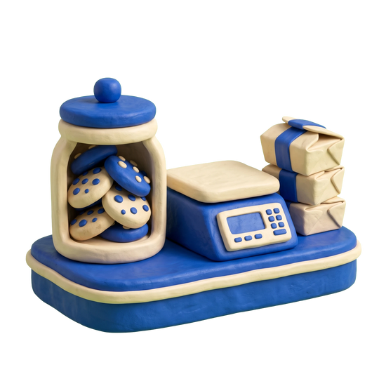 Cookie shop illustration in blue and ivory clay