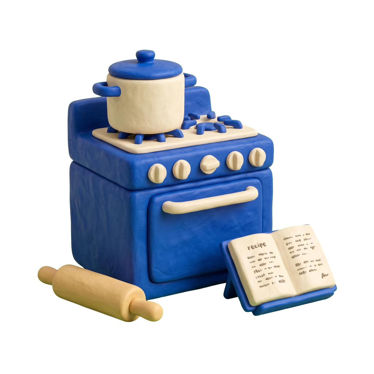 Cooking school illustration in blue and ivory clay