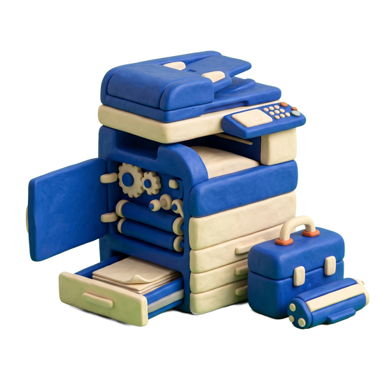 Copier repair service illustration in blue and ivory clay