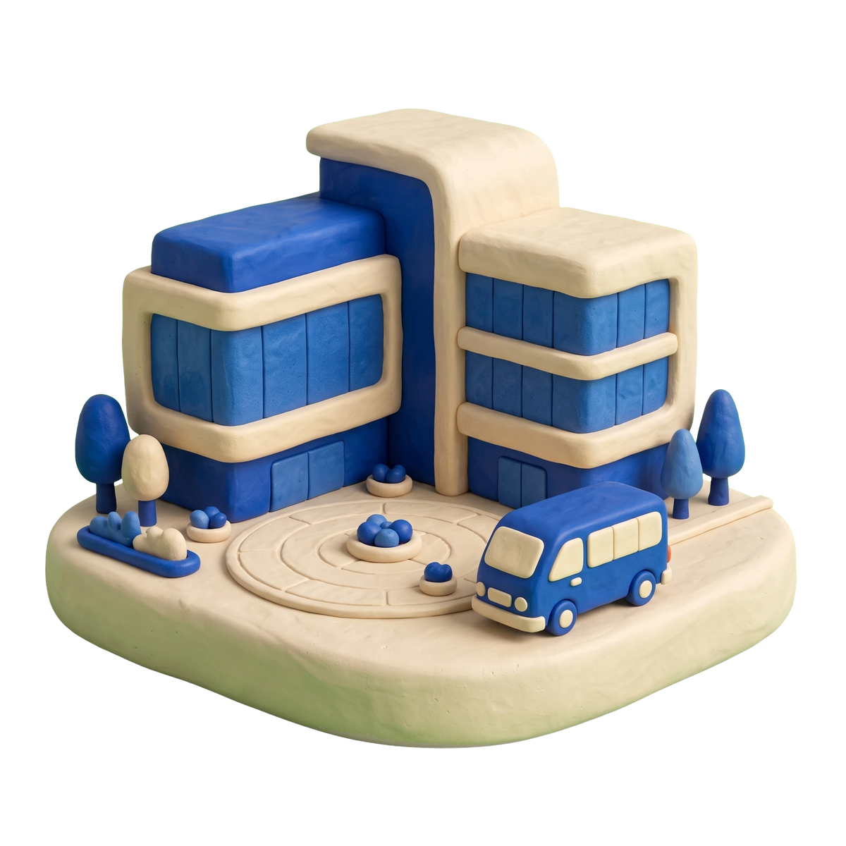 Corporate campus illustration in blue and ivory clay