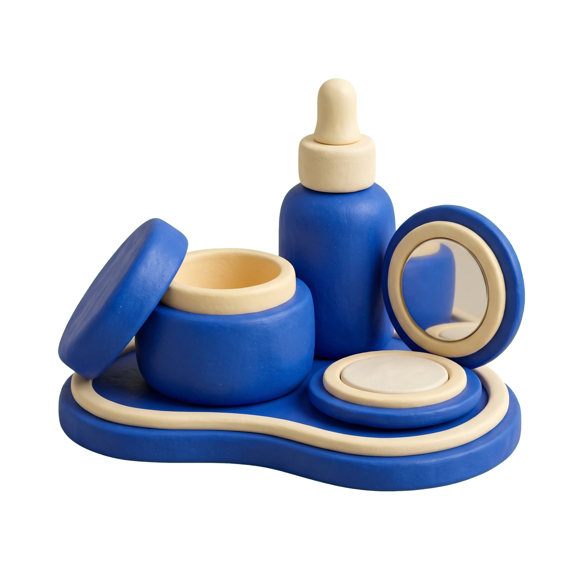 Cosmetics industry illustration in blue and ivory clay