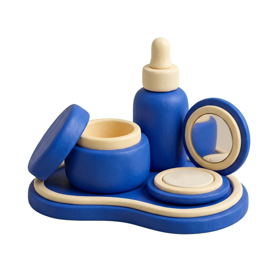 Cosmetics industry illustration in blue and ivory clay