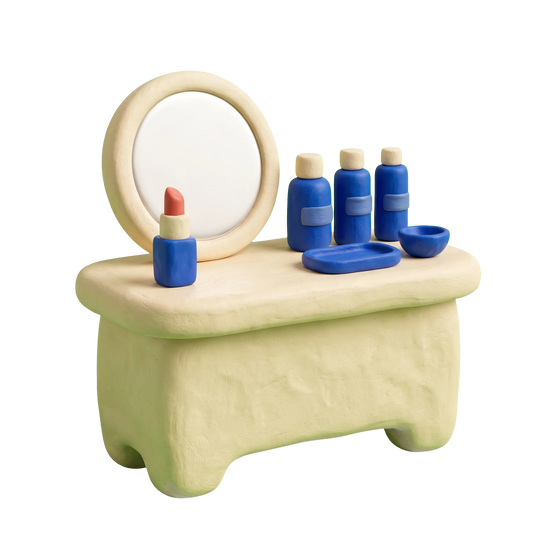 Cosmetics store illustration in blue and ivory clay
