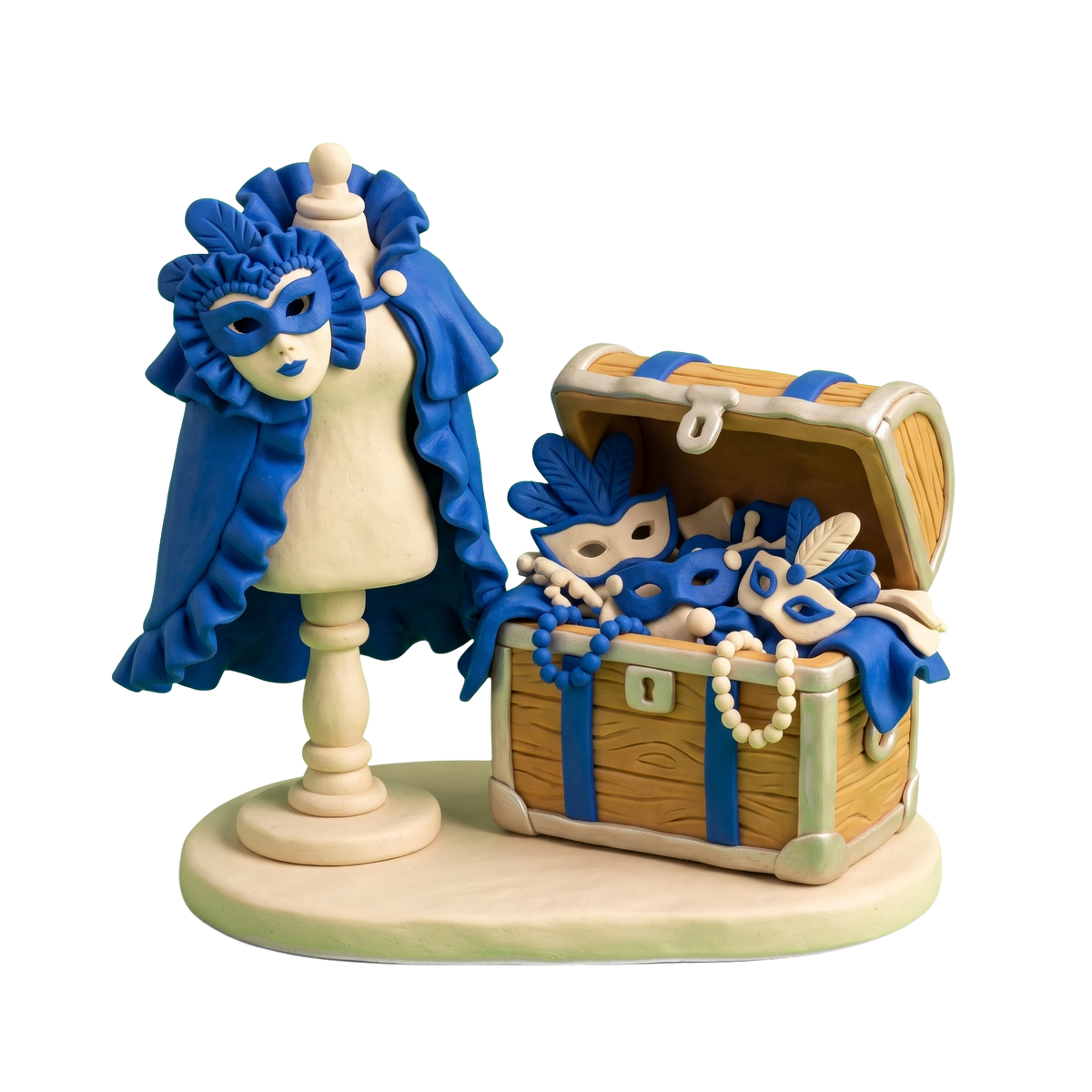 Costume store illustration in blue and ivory clay