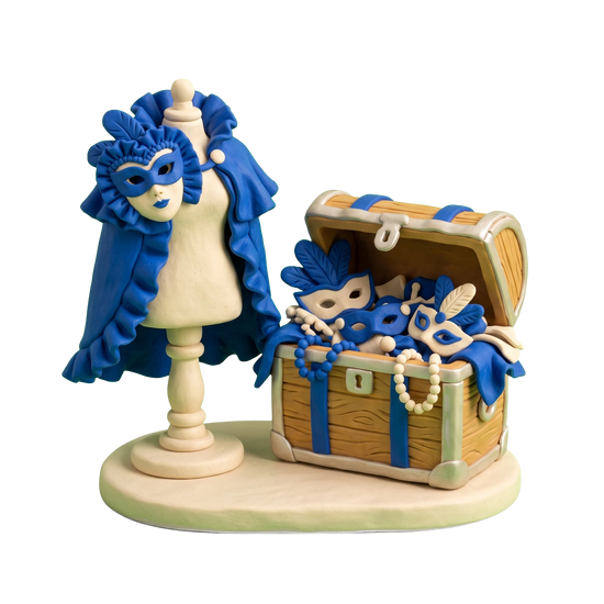 Costume store illustration in blue and ivory clay