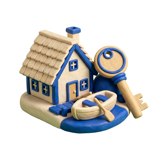 Cottage rental illustration in blue and ivory clay