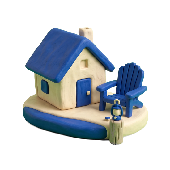 Cottage illustration in blue and ivory clay