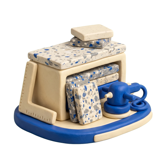 Countertop store illustration in blue and ivory clay