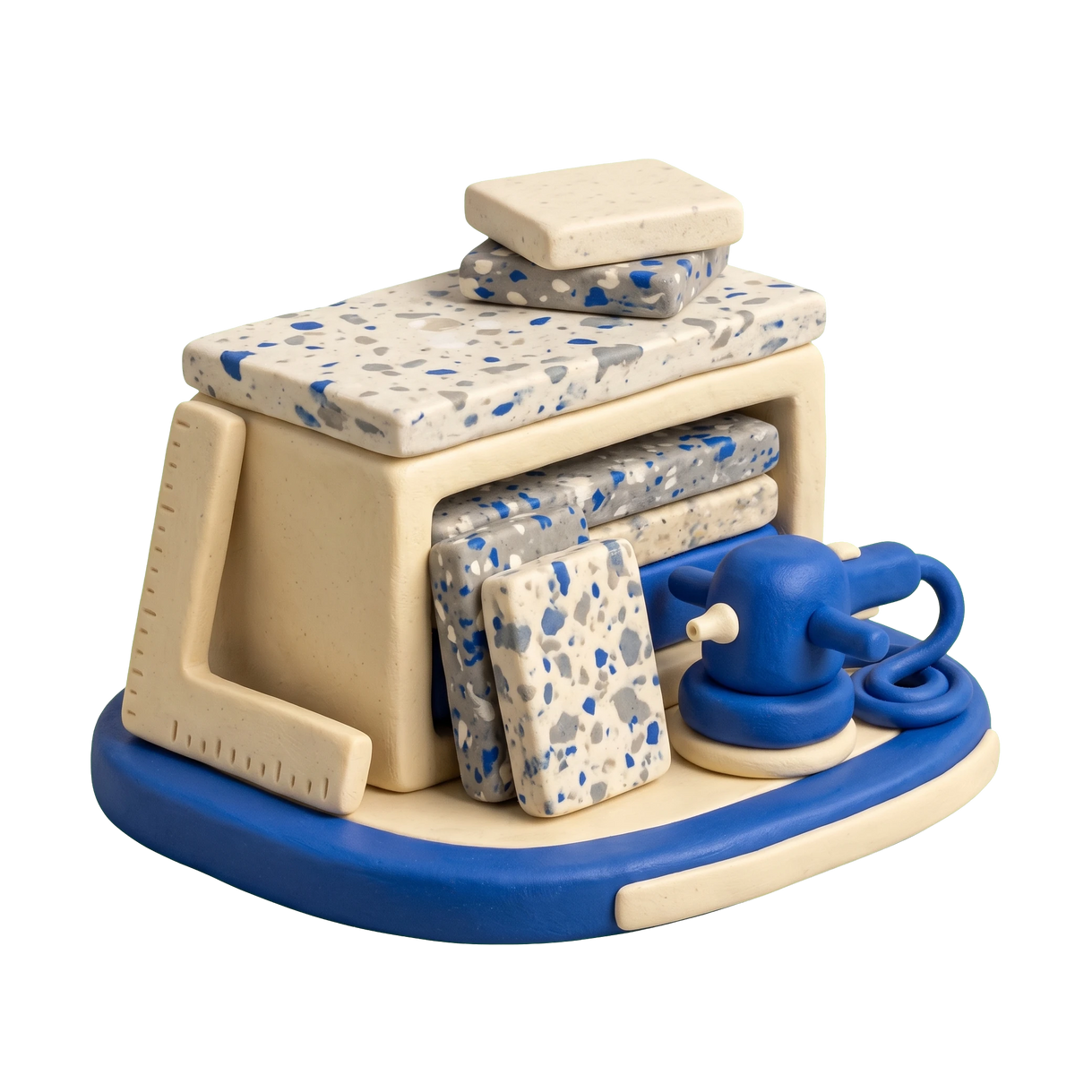 Countertop store illustration in blue and ivory clay