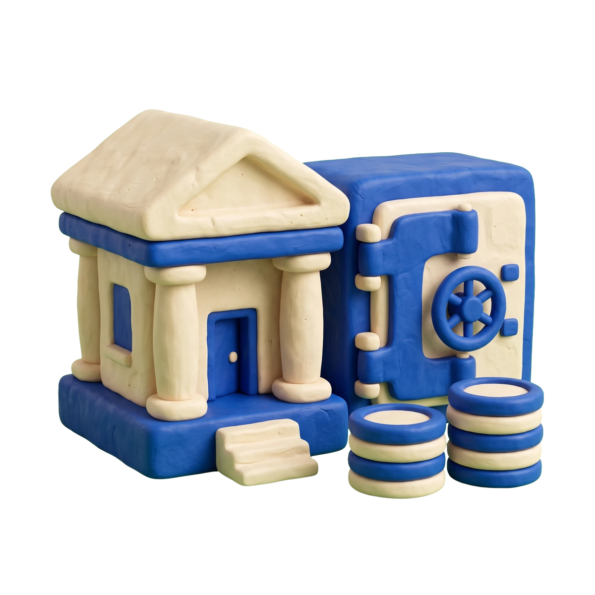 Credit union illustration in blue and ivory clay