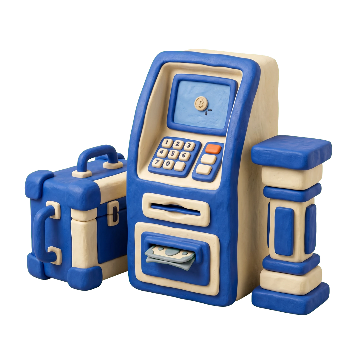 Crypto ATM illustration in blue and ivory clay