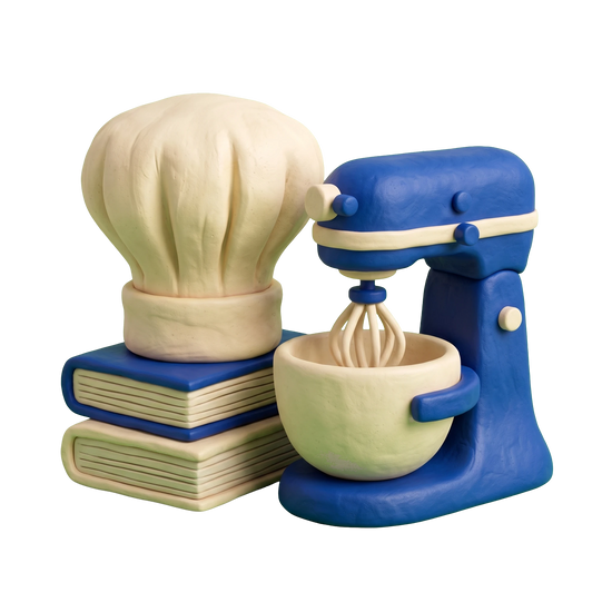 Culinary school illustration in blue and ivory clay