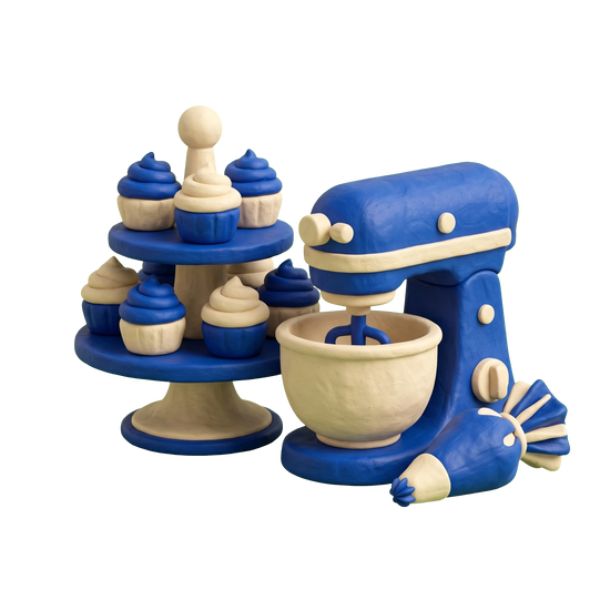 Cupcake shop illustration in blue and ivory clay