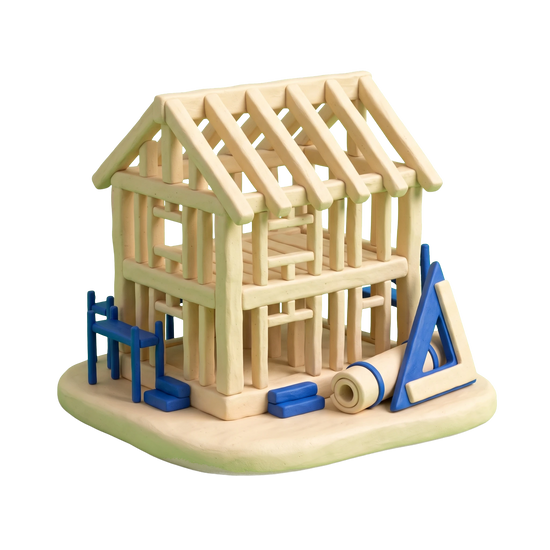 Custom home builder illustration in blue and ivory clay