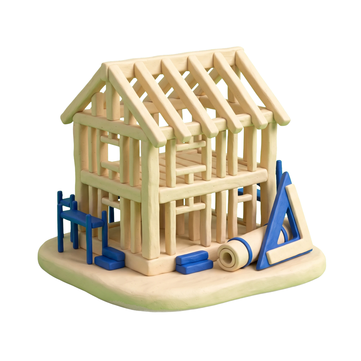 Custom home builder illustration in blue and ivory clay