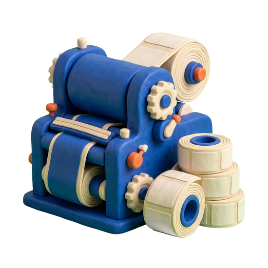 Custom label printer illustration in blue and ivory clay
