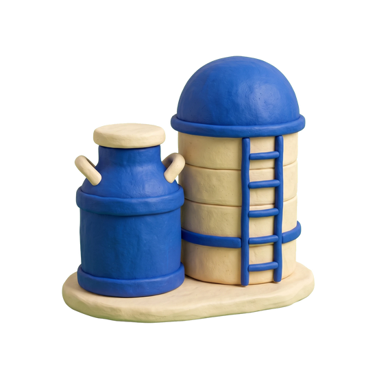 Dairy farm illustration in blue and ivory clay