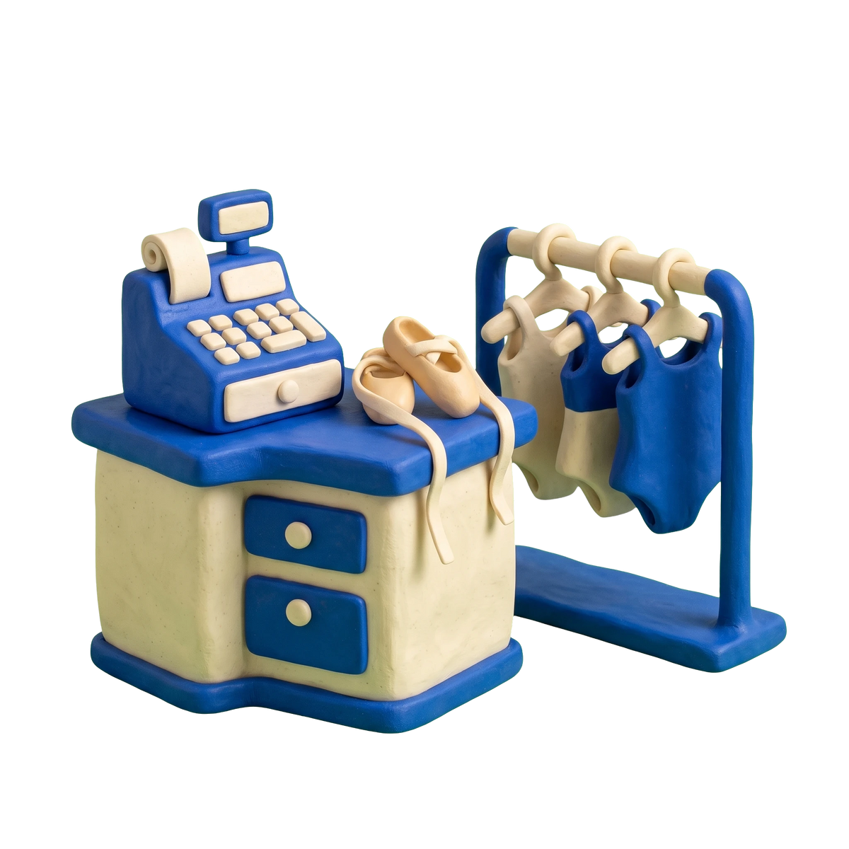 Dance store illustration in blue and ivory clay