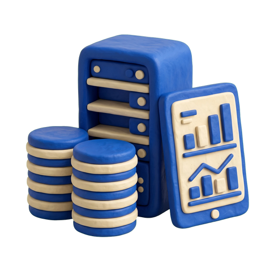 Database management company illustration in blue and ivory clay