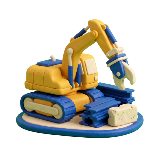 Demolition contractor illustration in blue and ivory clay
