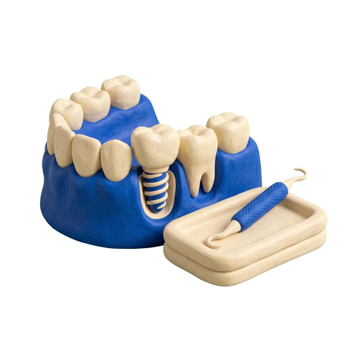Dental implants periodontist illustration in blue and ivory clay