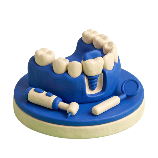 Dental implants provider illustration in blue and ivory clay