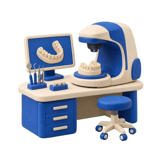 Dental laboratory illustration in blue and ivory clay