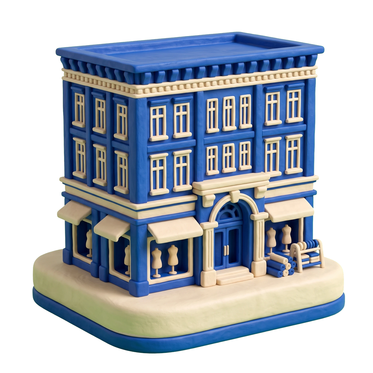 Department store illustration in blue and ivory clay