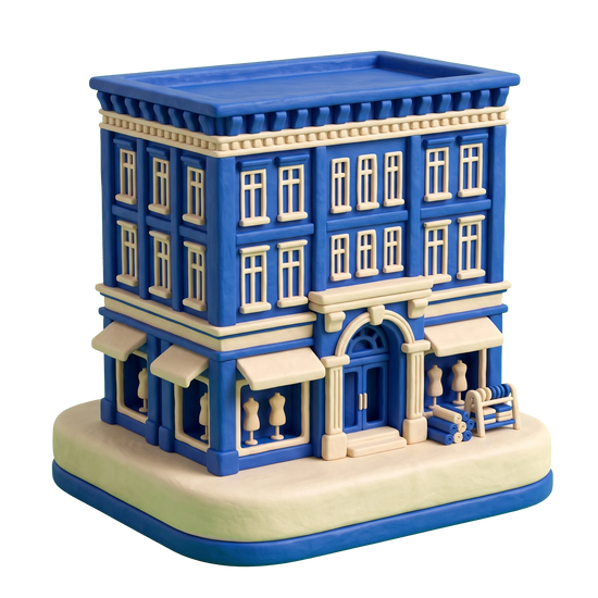 Department store illustration in blue and ivory clay