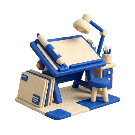 Design agency illustration in blue and ivory clay