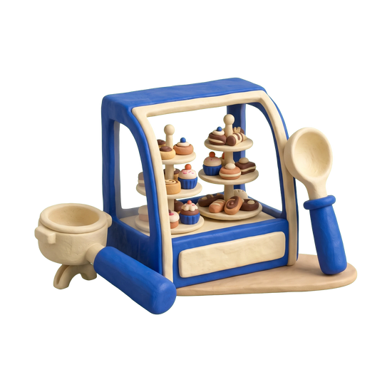 Dessert restaurant illustration in blue and ivory clay