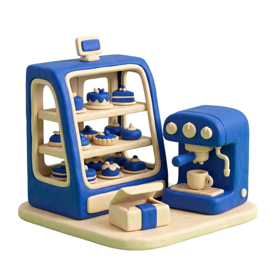 Dessert shop illustration in blue and ivory clay