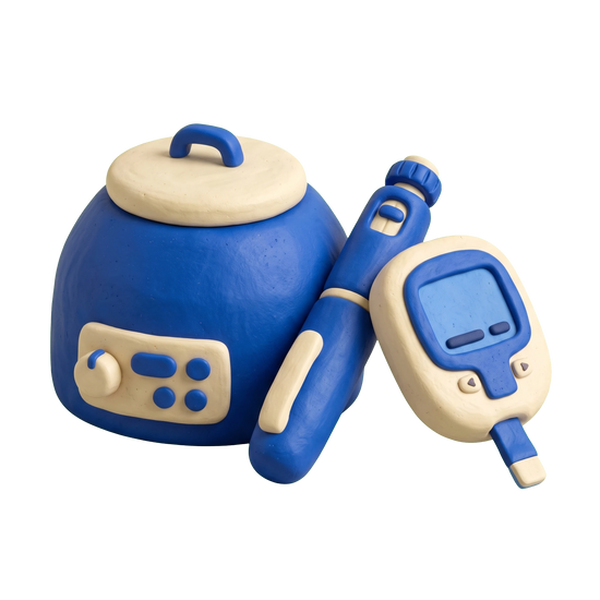 Diabetes center illustration in blue and ivory clay