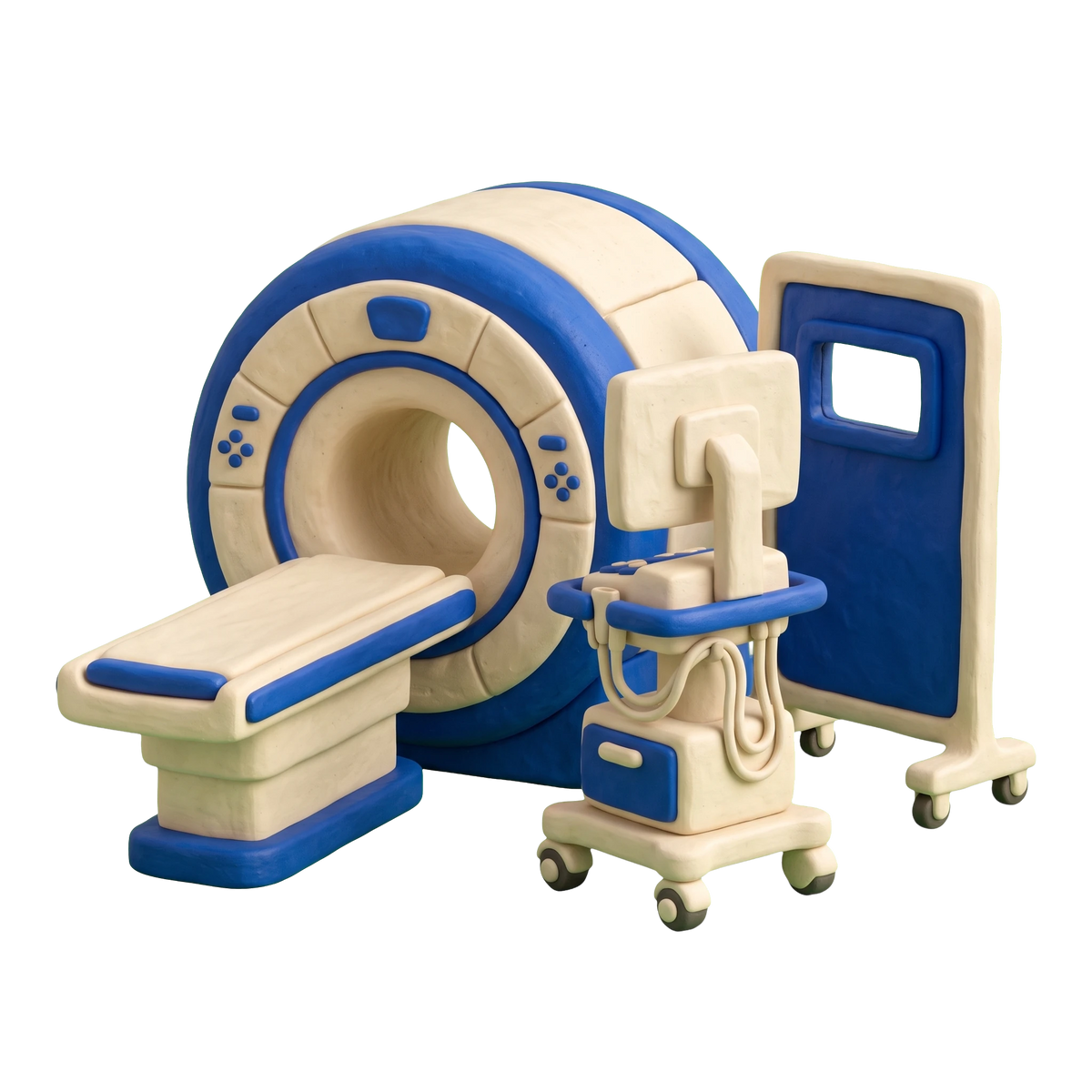 Diagnostic center illustration in blue and ivory clay
